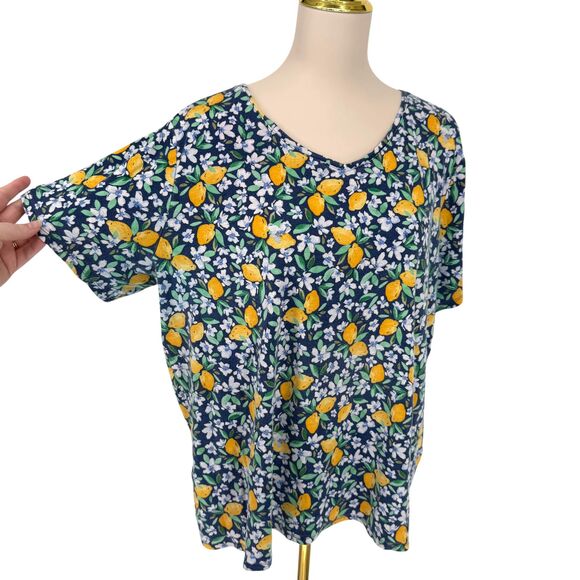 Croft & Barrow Classic Tee Women 2X Short Sleeve Blue Cotton Lemons Floral Shirt - Picture 6 of 11